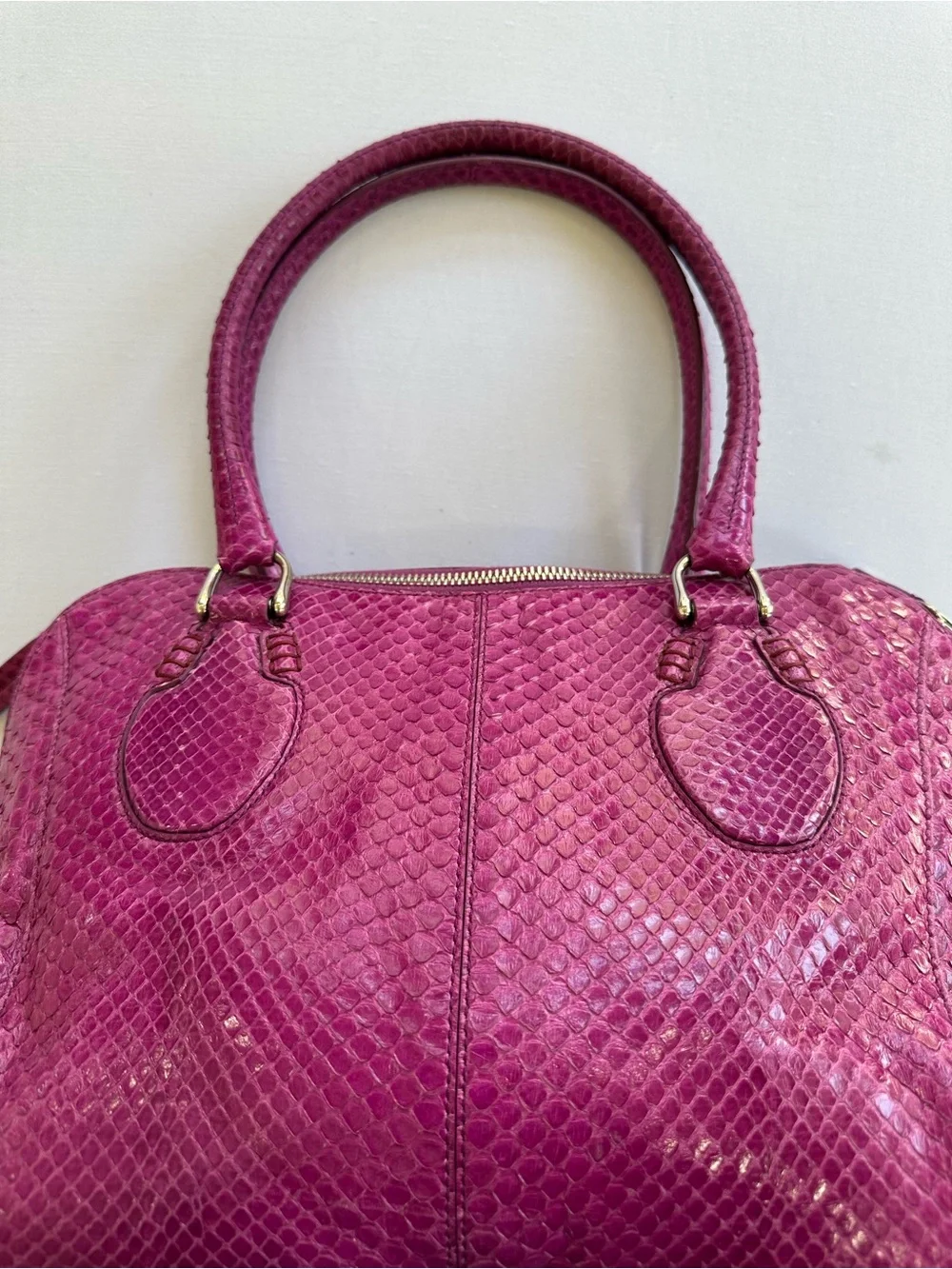 TOD'S Fuchsia Genuine Python  Satchel with Gold Hardware